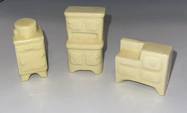Vintage Dollhouse Furniture Japan 3PC Hutch, Fridge, Stove