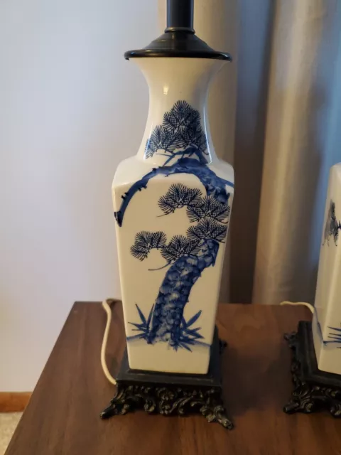 RARE VINTAGE Pair of L&L WMC Japanese Style White & Blue Porcelain PaintedLamps 2