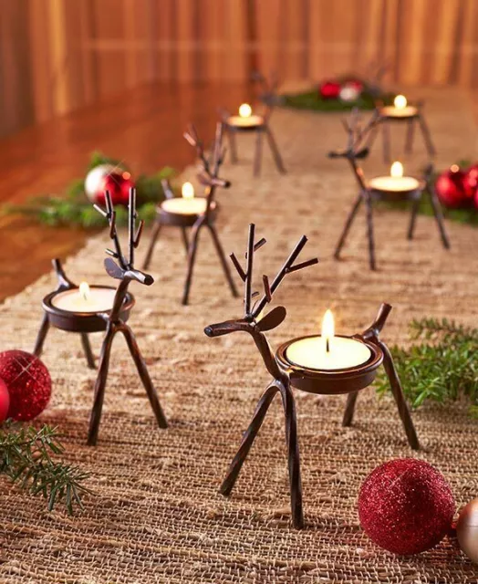 Christmas Candle Holder Decoration 6pc Set Tealights Reindeer Metal Xmas Decor 2