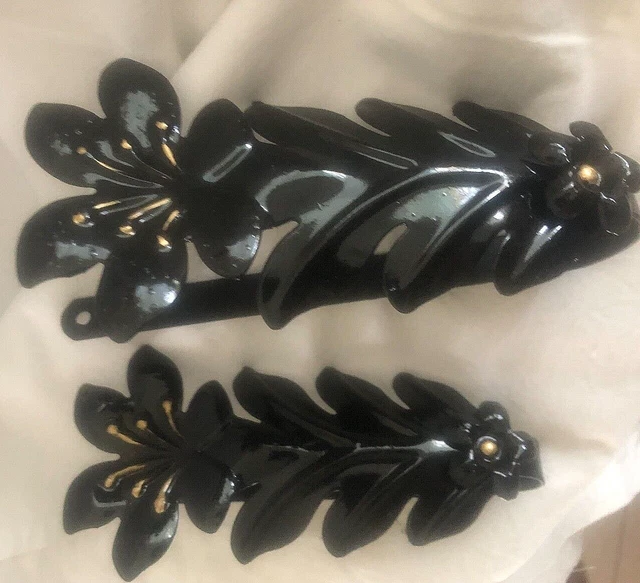 Vintage  Drapery Curtain Pull Back Ties  Embossed Metal Black Gloss Leaf Floral 11