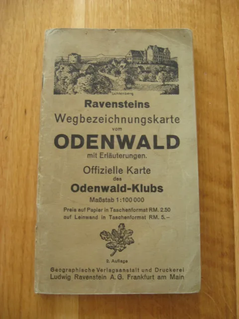 alte Landkarte Ravensteins Wegbezeichnungskarte vom Odenwald aus den 30er Jahren