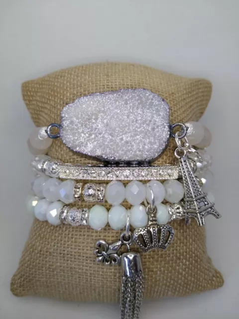 Boho AB White Agate Druzy Crystal Quartz Charm Stretch Bracelet Stack Set 2