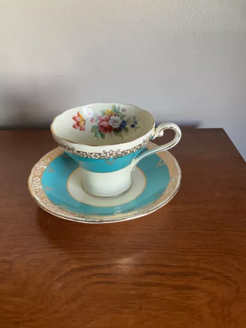 Aynsley Bone China Tea Cup/Saucer Turquoise  & Gold EUC