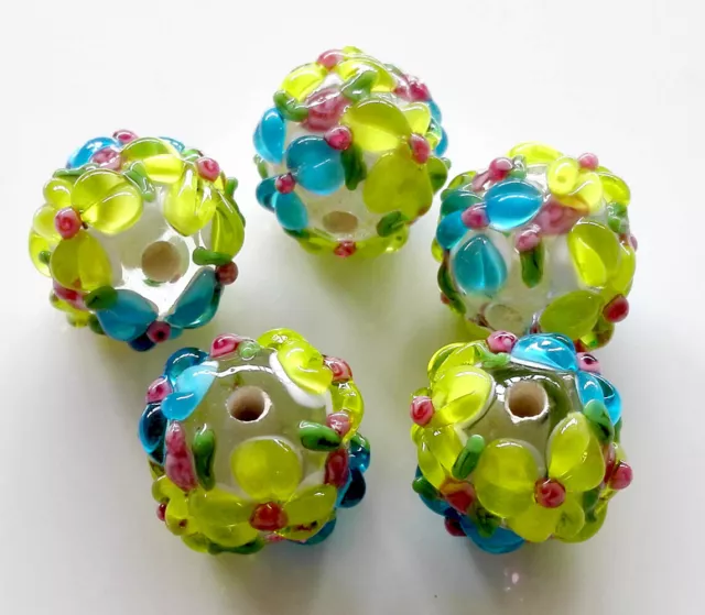 10pcs handmade Lampwork glass round Beads yellow blue flower 15mm