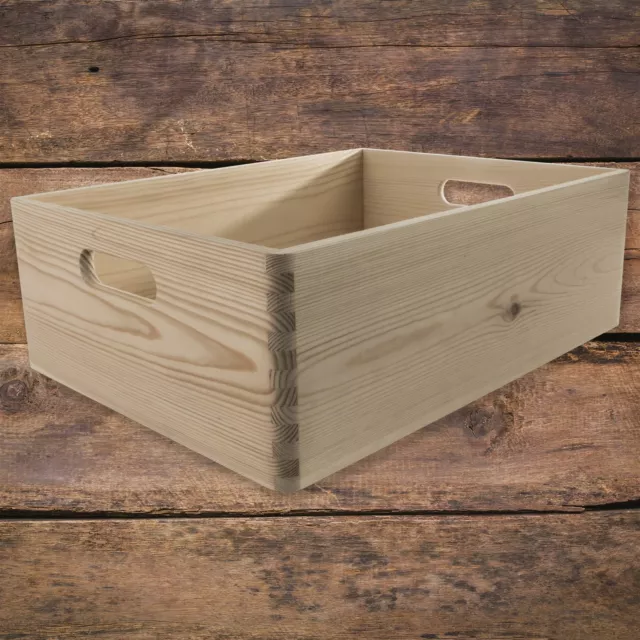 Stackable Wooden Crate Box | 40x30x14 cm | Plain Decorative Pine | with Handles