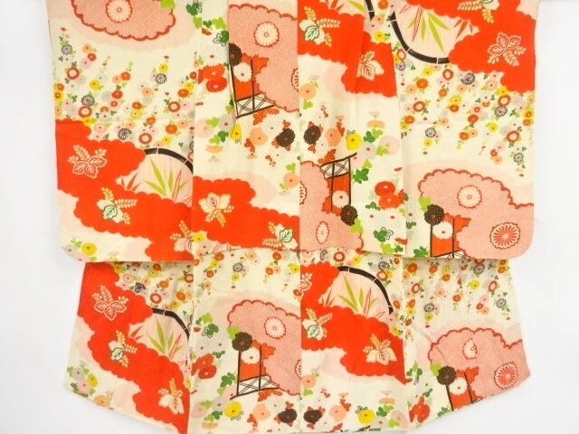 43596# Japanese Kimono / Antique Kimono For Girls / Cloud & Kiku & Paulo