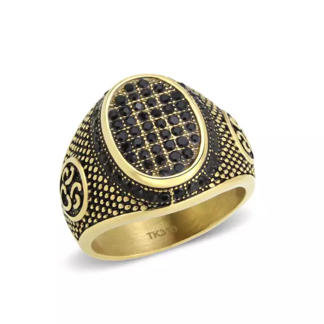 mens black ring signet jet 18kt oval  pinky gold stainless steel cz 3910