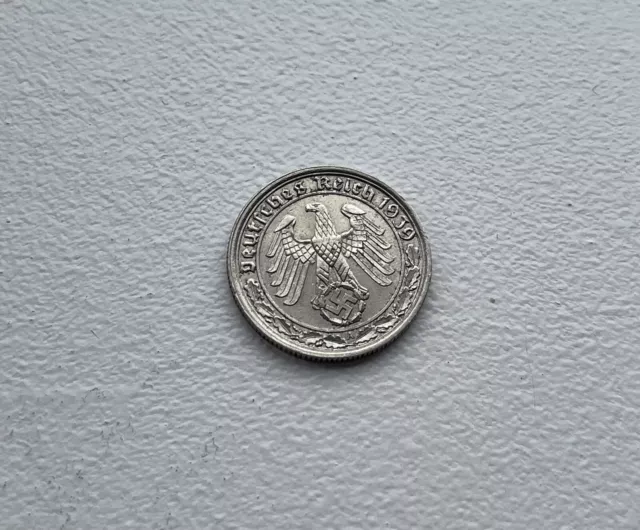 Very Rare 1939 A Germany 50 Reichspfennig Deutsches Reich Coin Nice Grade