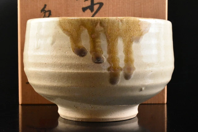 M1973: Japanese Tokoname-ware glay glaze TEA BOWL Green tea tool w/signed box