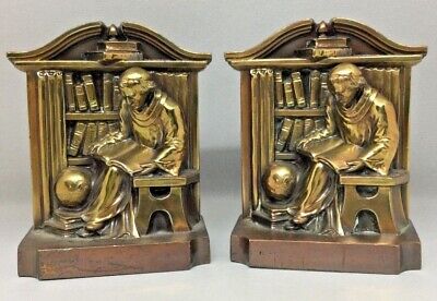 2 Vintage RONSON Bookend Bronze Brass Priest Monk Library Globe LV Aronson LVA