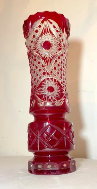 Large handmade ruby red cranberry cut to clear crystal glass tall ornate vase