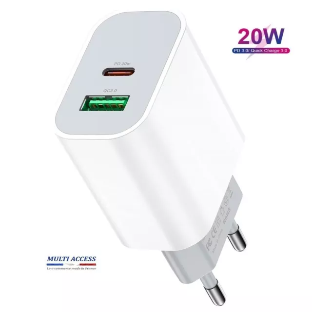 Chargeur Rapide USB C 20W Secteur pour iPhone iPad Samsung Galaxy Xiaomi Google