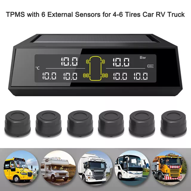 Wireless Solar TPMS LCD Car Tire Pressure Monitoring System w/6 External Sensors