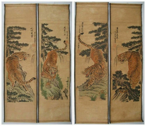 Old Chinese calligraphy scroll painting Hand Painted 4 Tiger painting