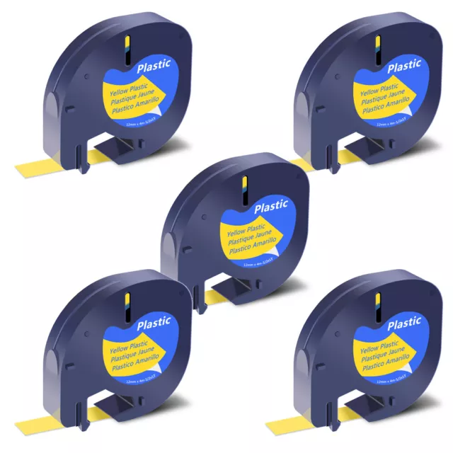 5PK Plastic Tape for DYMO Letra Tag LT100T 1/2" LT91332 Black on Yellow Label