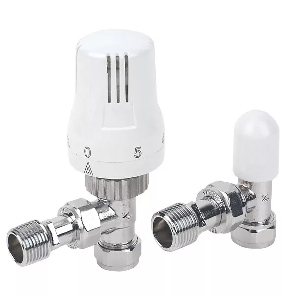 Thermostatic Radiator Valve Set 15mm x 1/2" Angled TRV Lockshield Valves Rad