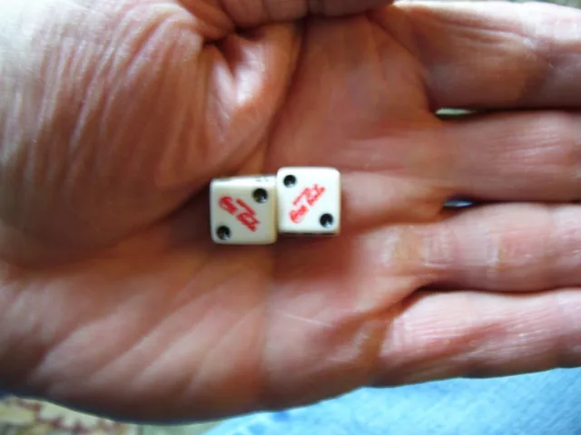 Rare Tiny 1/2 in Coca-Cola Spot Dice Set Red Script Lettering on White Dice