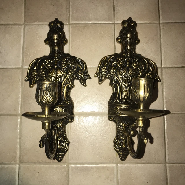 Pair Of Heavy Thick Brass Candle Stick Holders Wall Mount 2 lbs each VINTAGE