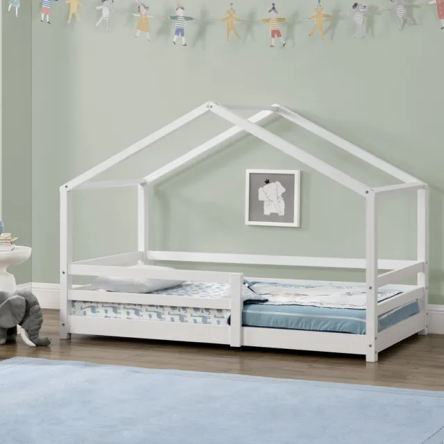 Cama para niños Infantil con Somier 70x140cm Reja de Seguridad Protección Blanco