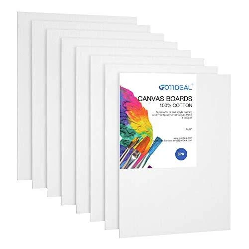 Canvases for Painting, 9x12" inch of 8, Professional Primed White Blank Flat Can