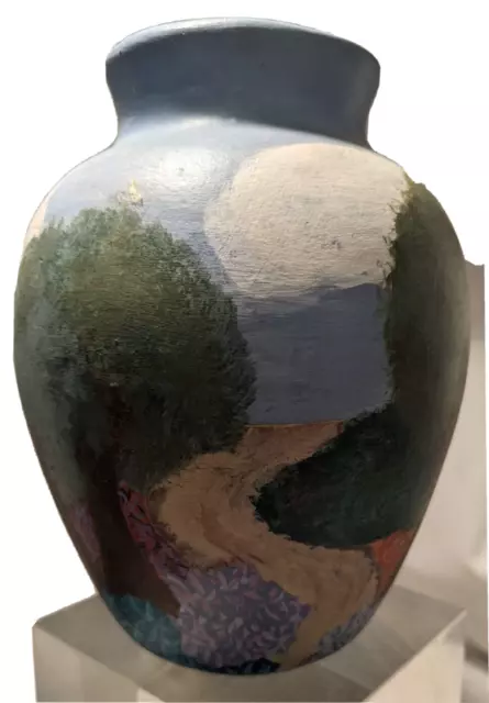 POTTERY Handpainted VASE Art Show 1999 Artist Leslie Le Bon Country Landscape 6"