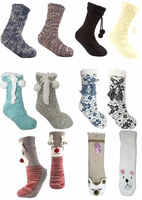 Chunky Knit or Fleece Slipper Gripper Socks & Soft Sherpa Fleece Lining