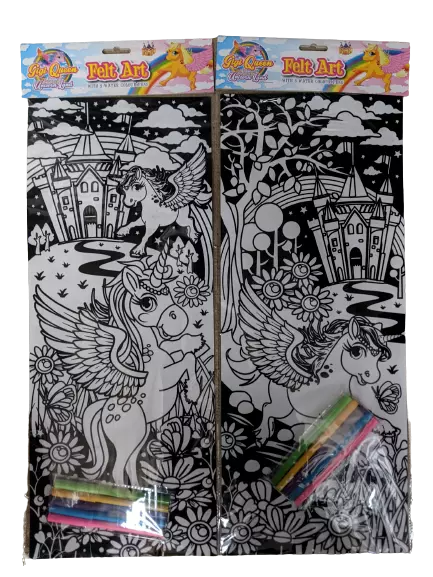 2 x Large Velvet Colouring Picture Art Set & Felt Pens Unicorn 41cm x 21cm