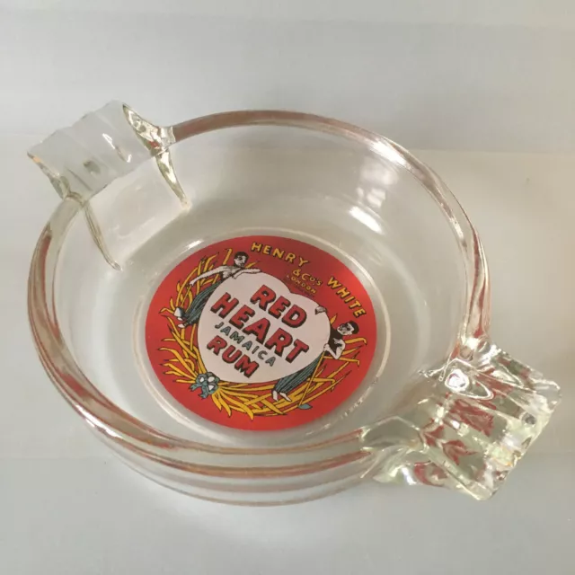 Vintage RED HEART RUM Jamaica Advertising Glass Ashtray Round Cigarette - RARE