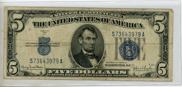 1934 D - 5 Dollar Blue Seal Silver Certificate United States Note - 2340