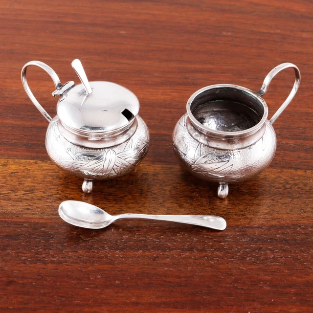 Wai Kee Chinese Sterling Silver Mustard Pot Salt Cellar Spoon Hammered Bamboo