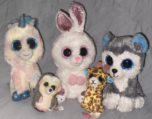 LOT OF 5 TY BEANIE BOO PLUSH STUFFED ANIMALS BIG EYES NO TAGS - 6 inch & 2 Inch