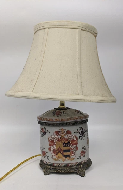 Oval Box Porcelain Brass Ormolu Lamp 17” Floral Anchor Crest Emblem Marblized