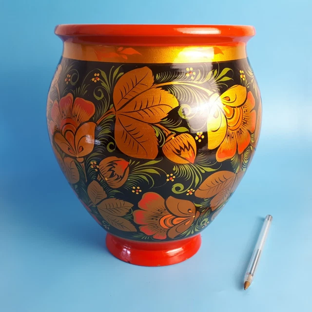 Vase En Bois Khokhloma Peint à La Main – 24 Cm – Art Populaire Russe – Motifs Fleurs Et Baies