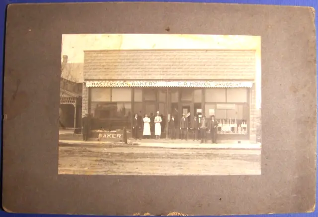 C 1912, Shirley, Indiana, 7 1/2" photo, Masterson's Bakery, CD Houck Drugstore,