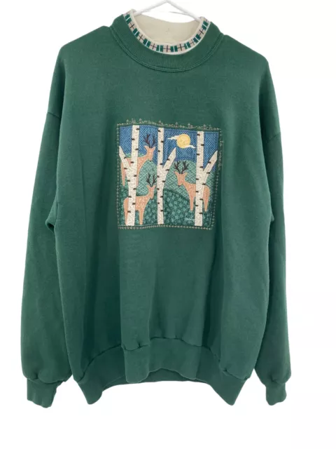 VIntage 90's  Folk Art Applique Sockwell Jerzees Green Pullover Sweatshirt XL