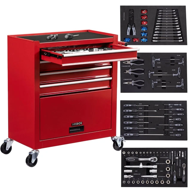 Carrello Portautensili A 3 Ripiani Arebos | In Acciaio | Capacità 100 Kg | Ruote Girevoli | Colore Rosso