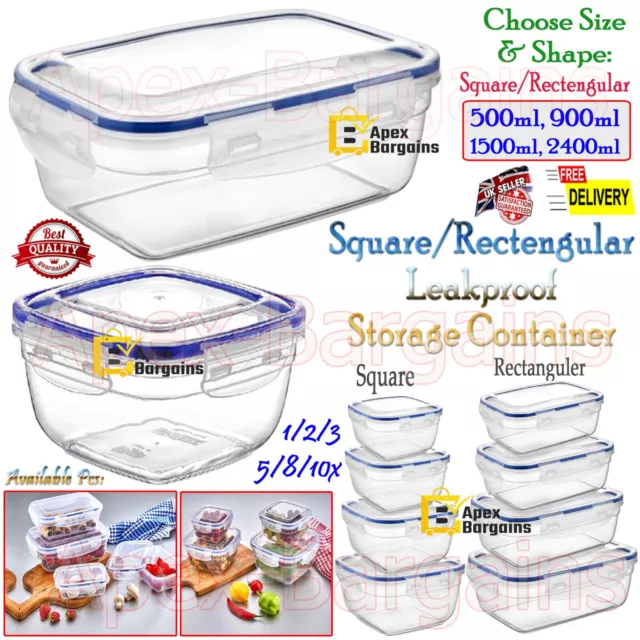 Square/Rectangular Food Storage Containers Clear Clip Lock Seal + Airtight Lids