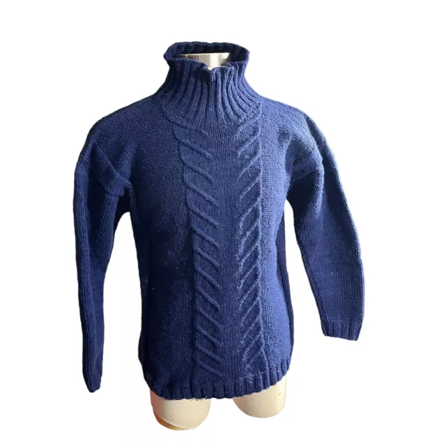 Vtg 60s Men Folklore Handmade Blue Cable Knit 100% Wool Mock Neck Sweater Sz L