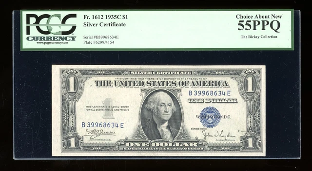 DBR 1935-C $1 Silver Fr. 1612 BE Block PCGS 55 PPQ Serial B39968634E