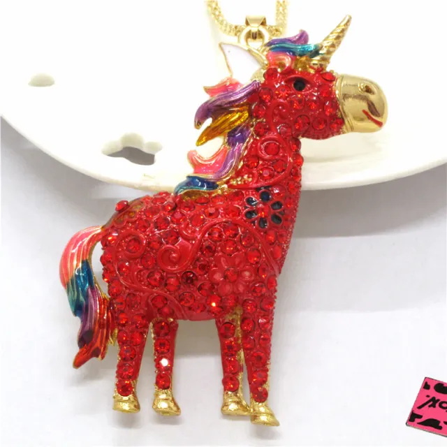 New Fashion Women Red Cute Flower Unicorn Bling Crystal Pendant Chain Necklace