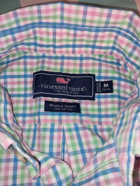 VINEYARD VINES WHALE Shirt Boys Medium 12/14 Pink Blue Green Check Long ...