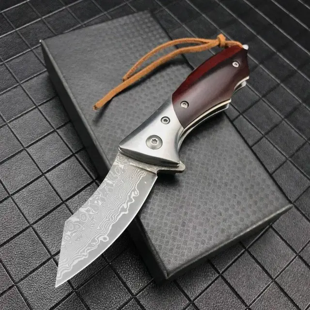Damascus Steel Folding Pocket Knife Wood Handle Tactical Edc Knives Outdoor Camp