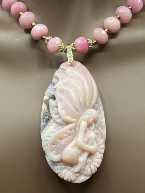 Hand Carved Pink Opal Fairy Pendant Necklace And Earring Set