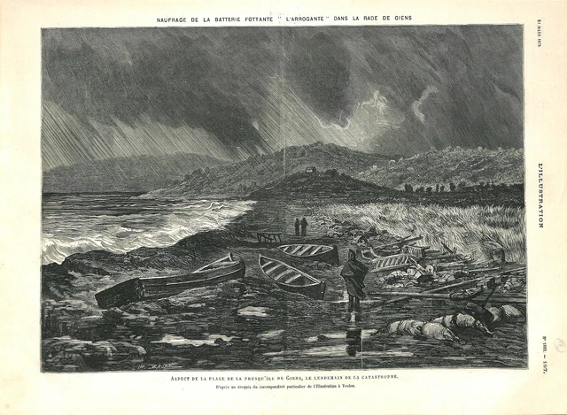 Naufrage de la batterie flottante l'Arrogante dans la rade de Giens GRAVURE 1879