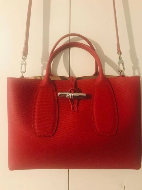 Longchamp roseau Medium Top Handle Bag. Pillar Box Red