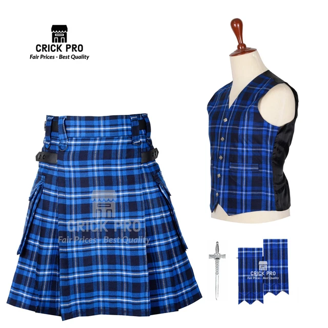 RAMSEY BLUE Handmade Scottish 8 Yard Tartan KILT -  VEST - Flashes - Kilt Pin