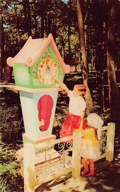 Story Book Forest Ligonier PA Amusement Park Clock whimsical Vtg Postcard X3
