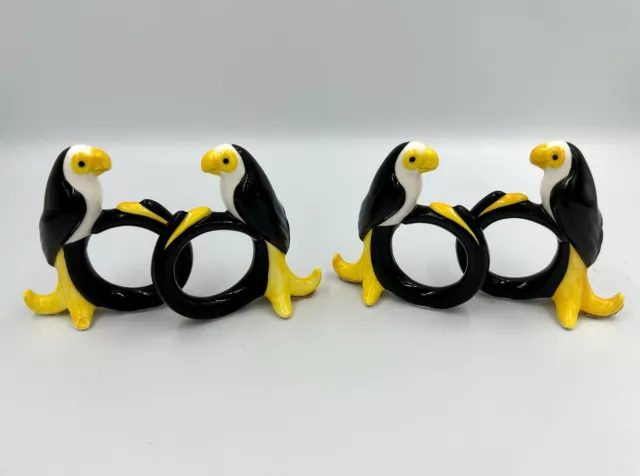 Set 4 Fitz & Floyd Parrot Bird Napkin Rings Black White Yellow Ceramic FREE SHIP