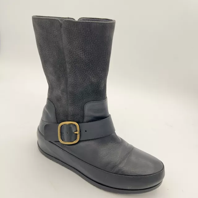 FitFlop Womens Black DueBoot Biker Pull On Comfortable Leather Boots Shoes 6.5