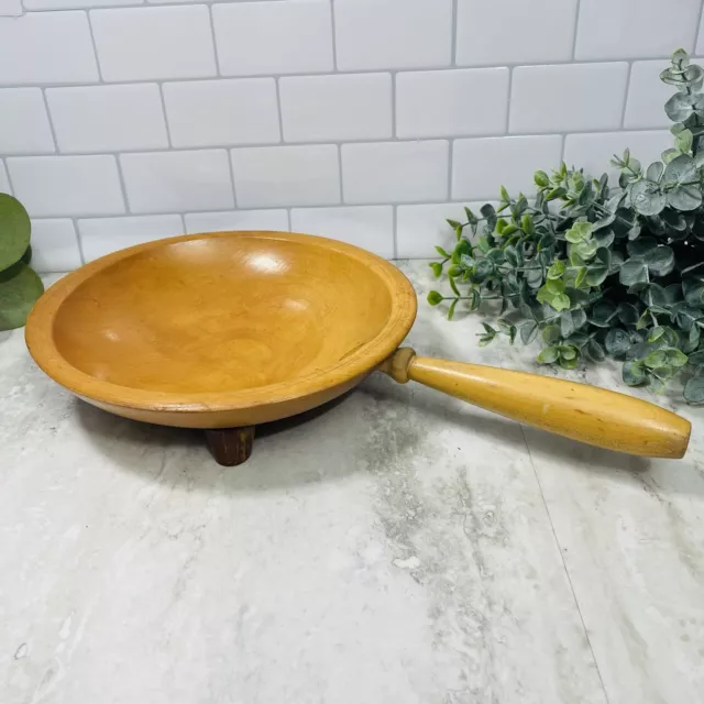 Vintage Munising Footed Maple Wood Long Handled Dough Snack Bowl  8”